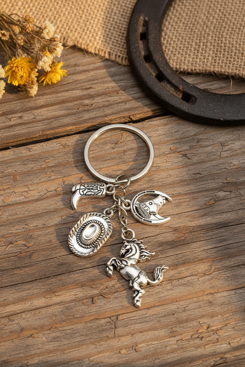 Silver Western Cowgirl Keychain on rustic wood